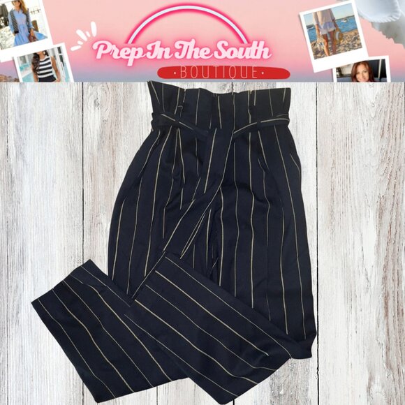 🖤 Antonio Melani Paper Bag Waist Pinstripe Wide Leg Cropped Pants – Size 8 - Picture 3 of 7